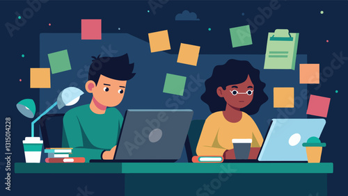 Two teens sit at a messy desk surrounded by postit notes and coffee cups debugging their coding project late into the night.. Vector illustration