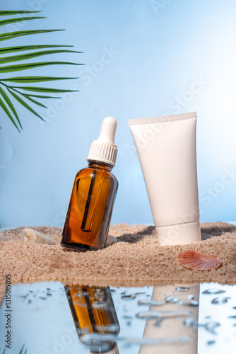 bottle of essential oil and sunscreen on the beach