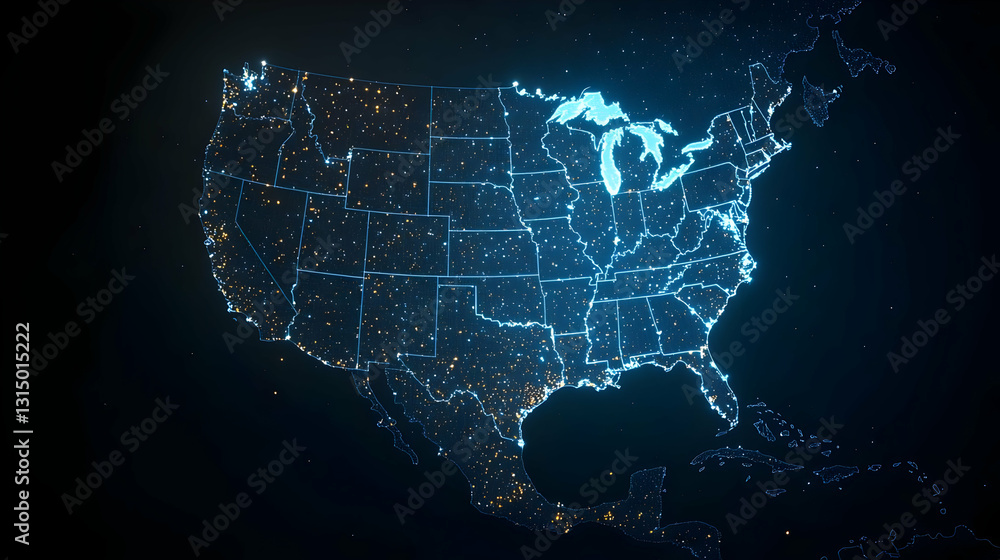 Illuminated Blue Digital Map Of The United States Of America On A Dark Background With Glowing Particles Illuminated Blue Digital Map Of The United States Of America On A Dark Background With Glowing Particles
