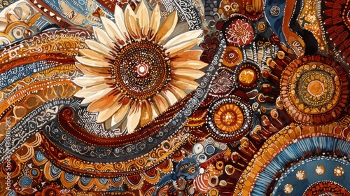 Wallpaper Mural Colorful abstract artwork highlights a large sunflower at the center, surrounded by swirling patterns and rich earthy hues, showcasing creativity and intricate details Torontodigital.ca