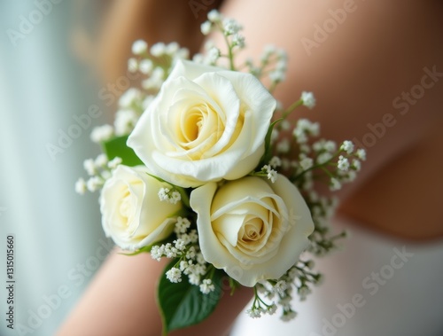 A close-up of a delicate white prom corsage with roses and baby's breath, tied with a satin ribbon, creating a romantic, elegant wrist accessory.