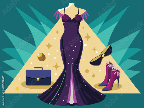 glamorous party dress covered in sequins, paired with a clutch bag and stilettos