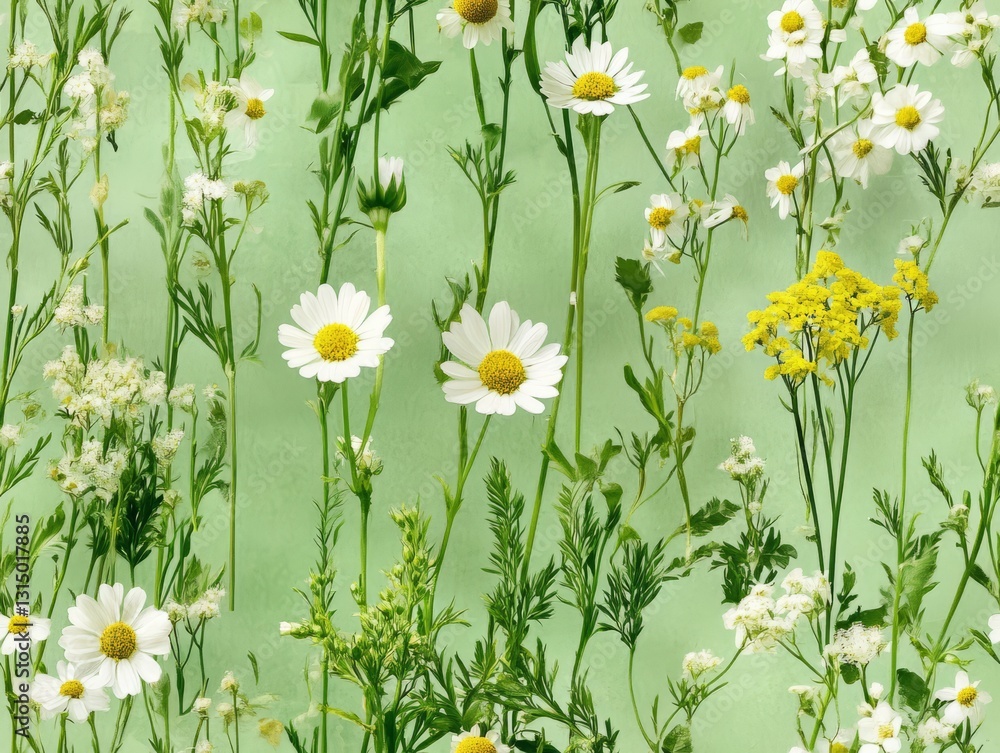 Fototapeta premium Seamless Pattern - Floral meadow with white and yellow wildflowers on a pastel green background
