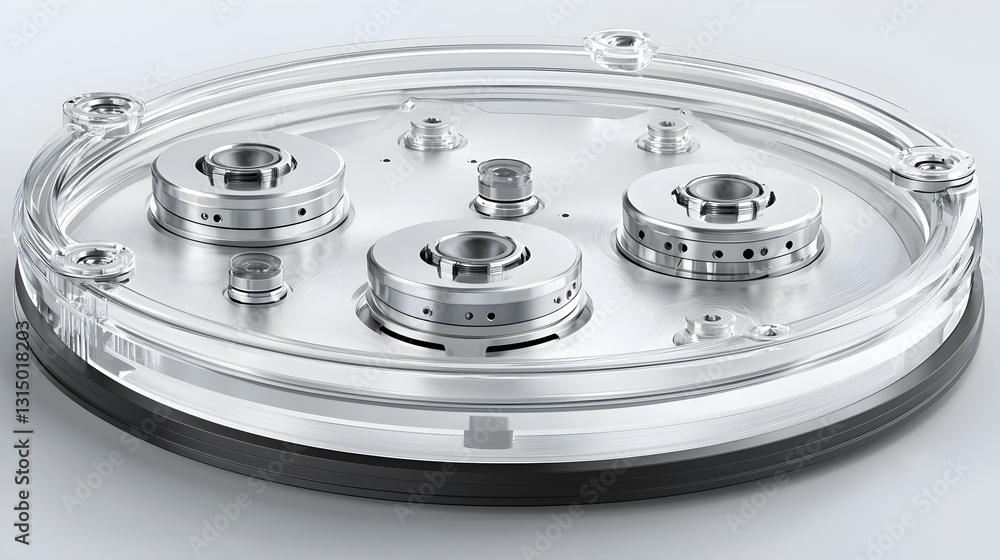 Close-up of intricate mechanical device with transparent cover, showcasing precision engineering and industrial design on a plain background Close-up of intricate mechanical device with transparent cover, showcasing precision engineering and industrial design on a plain background