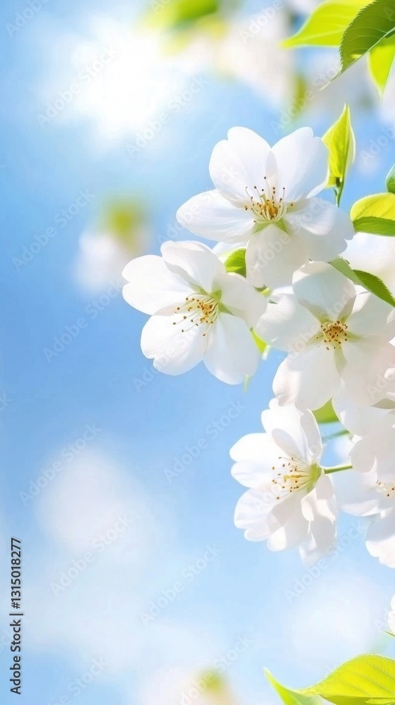 Obraz premium Delicate white cherry blossoms spring flower, covering leafy branch, basking in golden sunlight, capturing serene spring moment background Copy space for text
