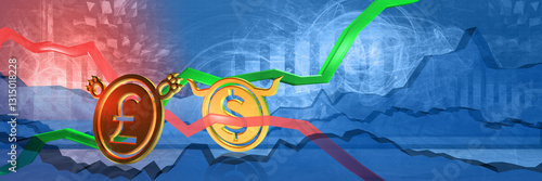 Obraz na płótnie currency exchange rate background. bullish position of us dollar to british pound. chart with arrows and golden coins of usd and gbp. finance 3D illustration of forex trading w salonie