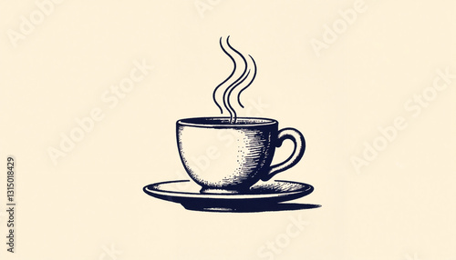 Monochrome tea cup with steam, classic old-book illustration