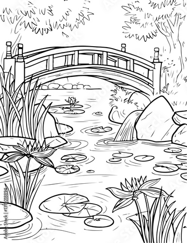 water gardens, coloring page, sketch, vector, landscape, drawing, illustration, house, architecture, city, vintage, old, building, art, street, tree, town, italy, ancient, travel, nature, village, far