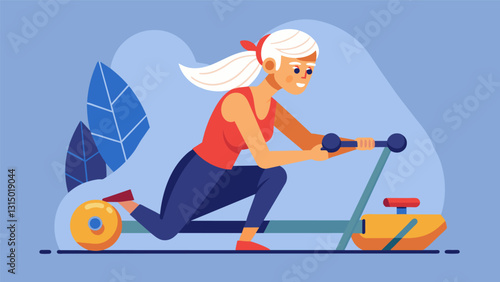 A senior woman confidently using the rowing machine building strength and cardiovascular endurance.. Vector illustration