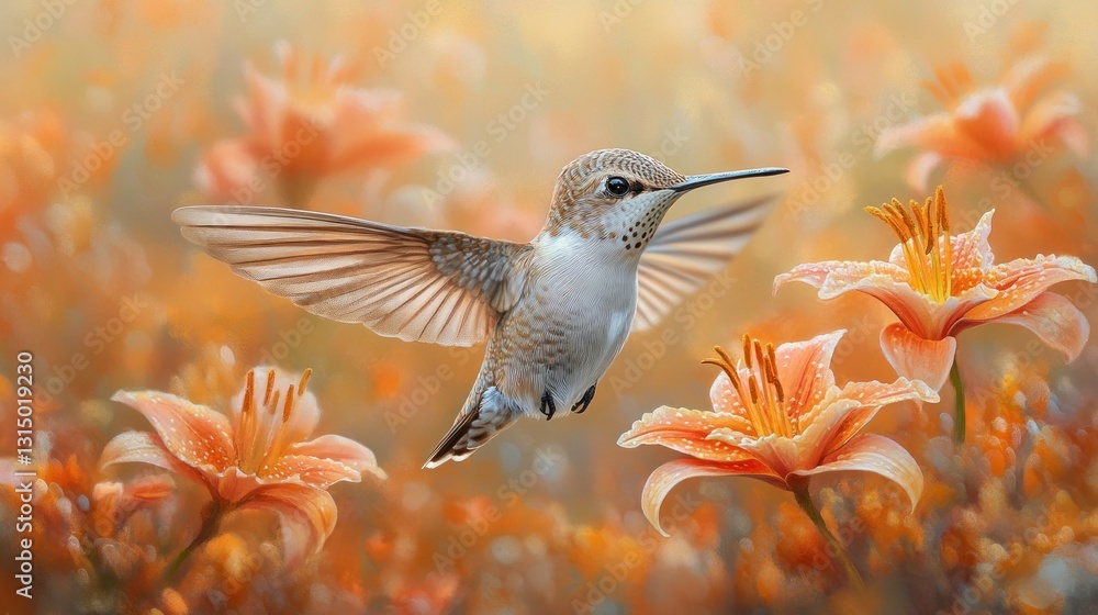 Fototapeta premium Hummingbird in flight amidst orange lilies