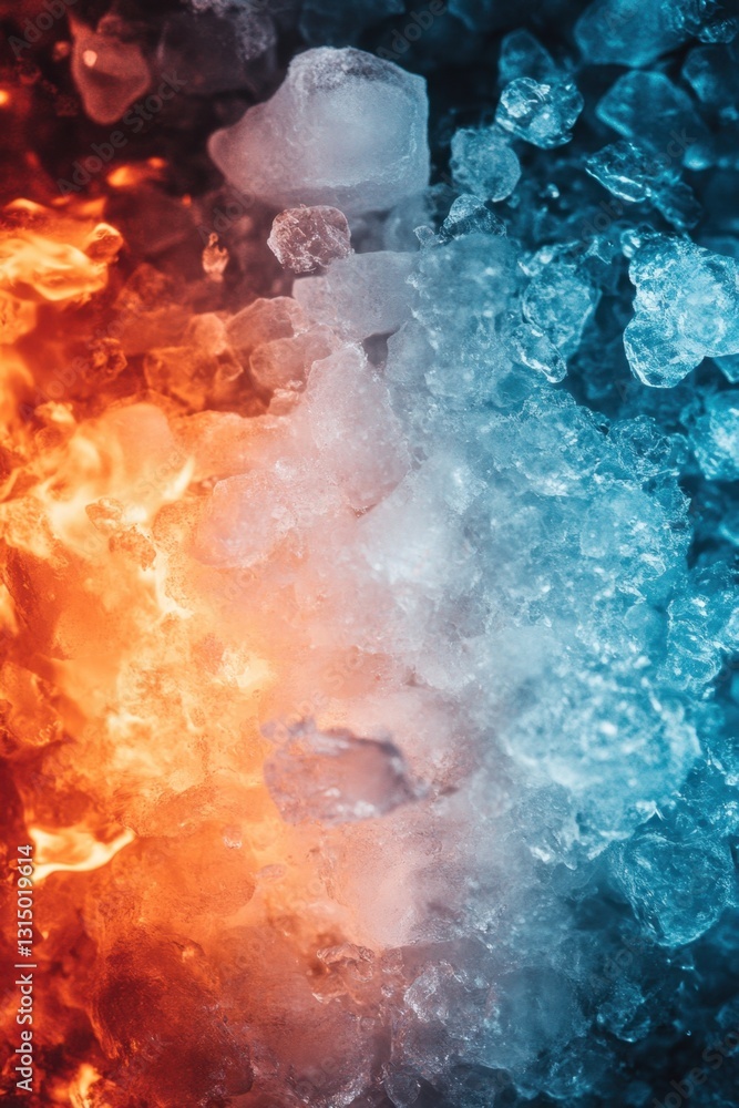 Naklejka premium Captivating Macro Shot of Contrasting Fire and Ice Textures Blending in a Mesmerizing Display of Temperature Extremes and Abstract Visuals