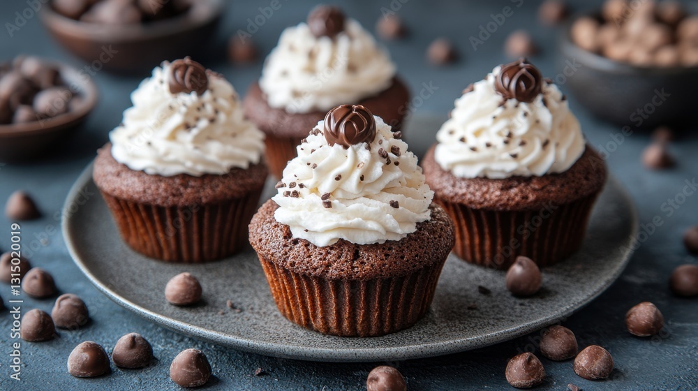 Delicious chocolate cupcakes with creamy frosting and chocolate chips on a gray plate studio shot food photography style sweet indulgence Delicious chocolate cupcakes with creamy frosting and chocolate chips on a gray plate studio shot food photography style sweet indulgence