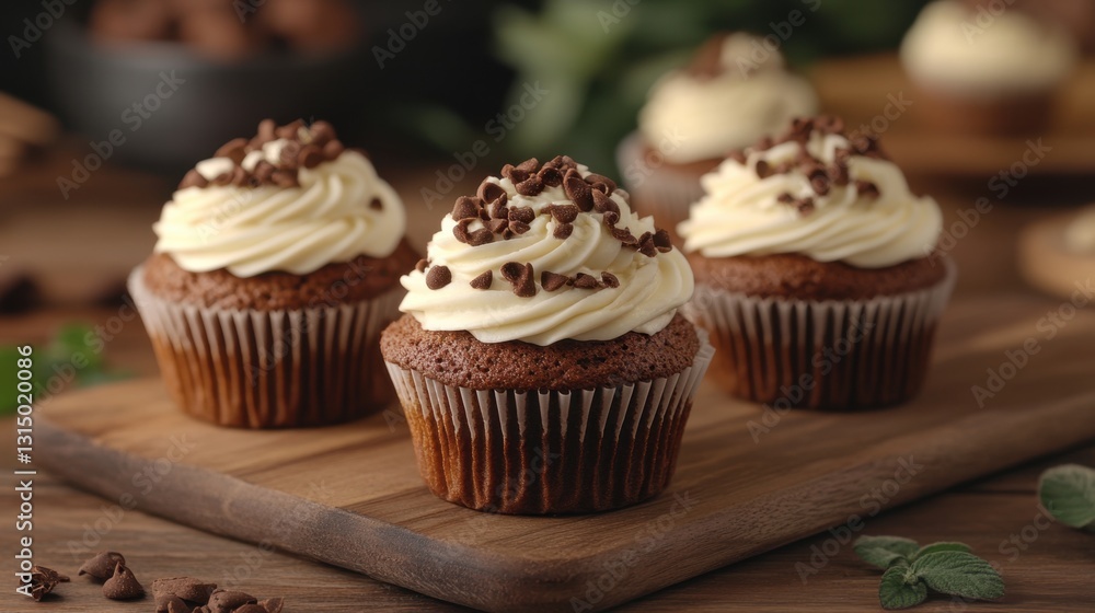 Delicious chocolate cupcakes with creamy vanilla frosting and chocolate chips on a wooden board sweet treat Delicious chocolate cupcakes with creamy vanilla frosting and chocolate chips on a wooden board sweet treat