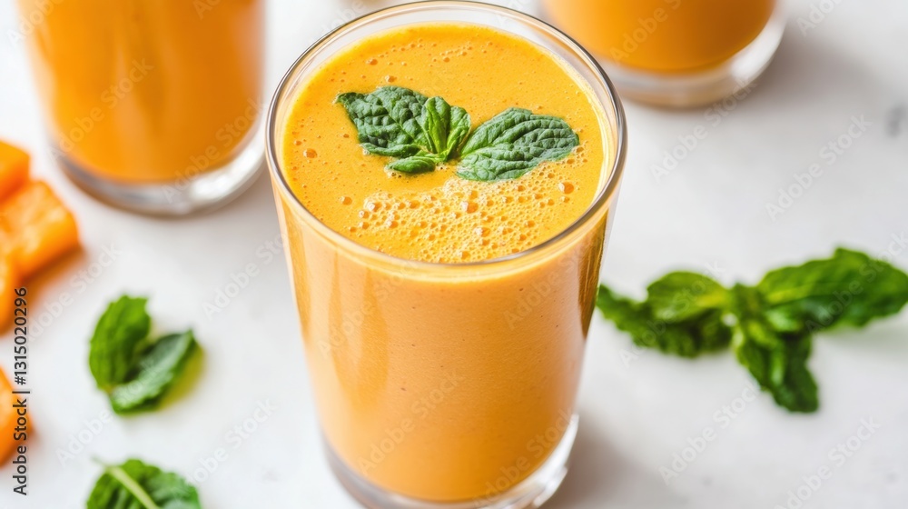 Smoothie in a glass on a white background, with cut fruits nearby. Smoothie in a glass on a white background, with cut fruits nearby.