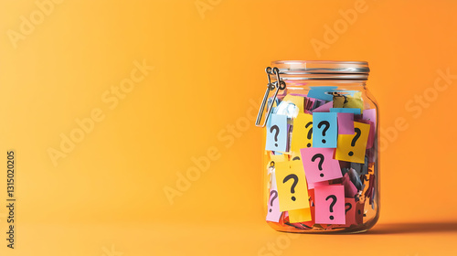 Glass Jar Filled With Colorful Sticky Notes With Question Marks On An Orange Background Representing Frequently Asked Questions And Creative Problem