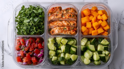 A vibrant meal prep container filled with fresh vegetables, grilled chicken, and assorted diced fruits, promoting healthy eating.