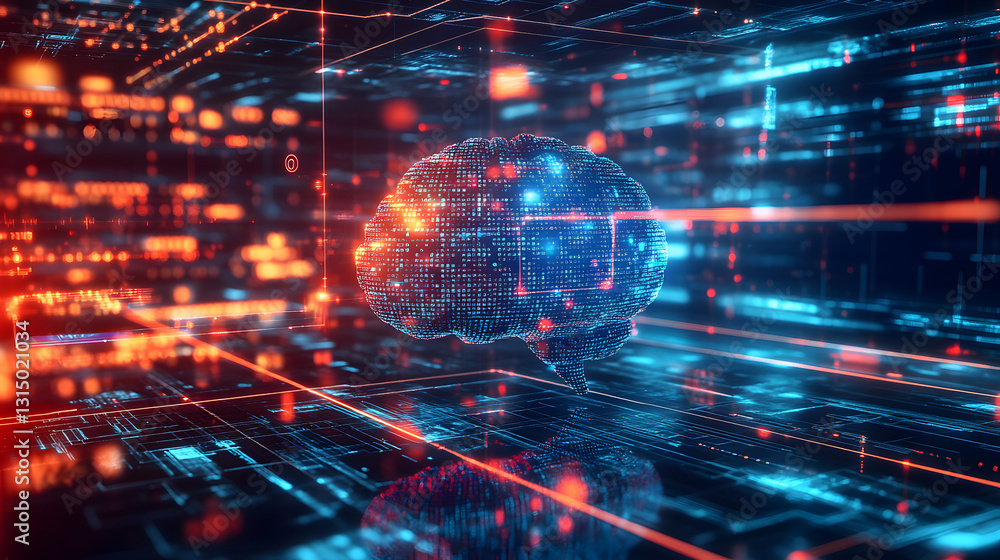 A digital intelligence interface floating in a glowing, neon environment, visualizing complex algorithms and data flows in real-time.