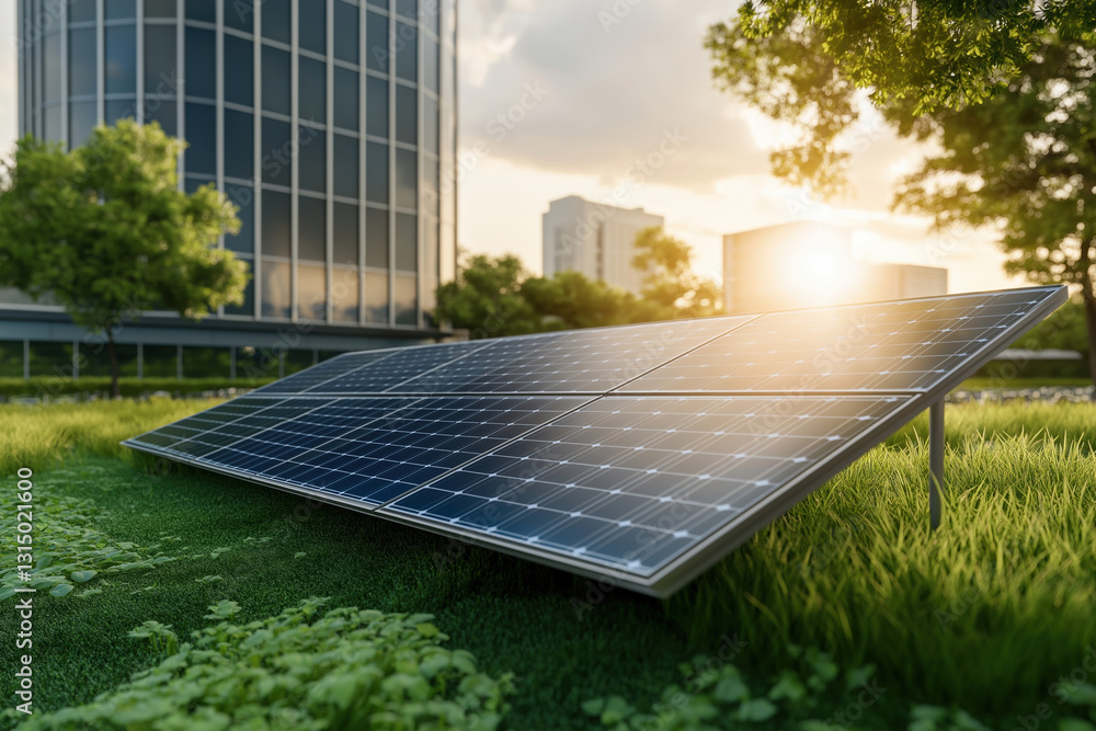 Fototapeta premium Solar panels capture sunlight near modern buildings at sunset in an urban park setting