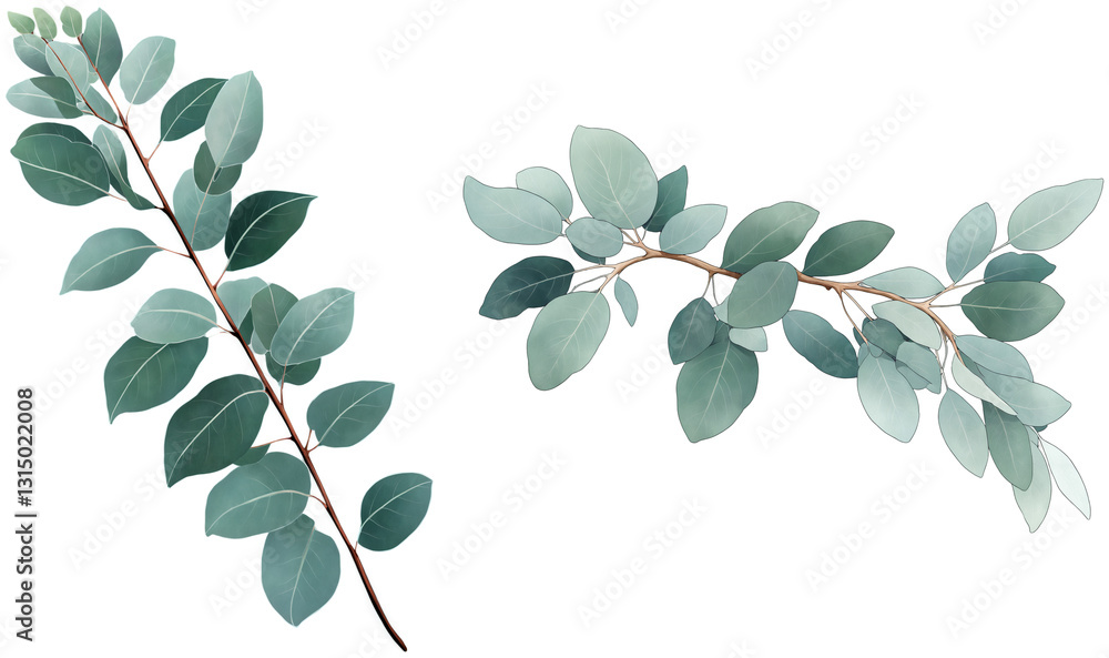 Obraz premium Botanical Illustration of Eucalyptus Branches on a transparent background