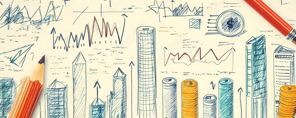 A close-up view of colorful sketches illustrating financial graphs and charts, showcasing market trends and analysis. Perfect for business presentations or educational materials. A close-up view of colorful sketches illustrating financial graphs and charts, showcasing market trends and analysis. Perfect for business presentations or educational materials.