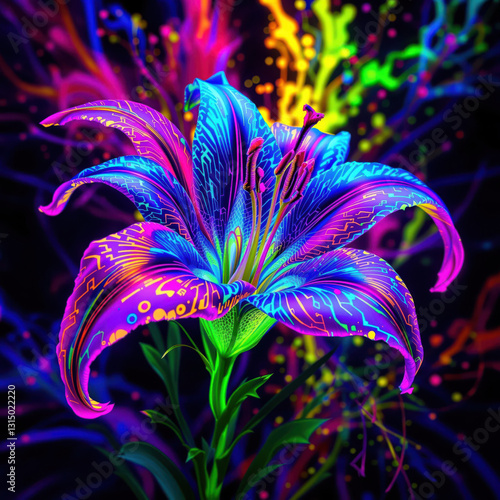 vibrant, neon colored flower with intricate patterns and dark background, radiating energy and creativity