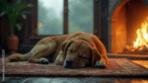 Pet labrador retriever dog sleeping peacefully on a cozy rug by the fireplace in a warm indoor setting.