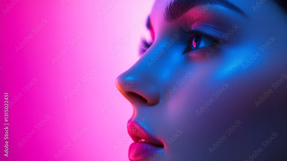 Side profile portrait in vibrant neon lighting with dramatic pink and blue color contrast, showing close-up details of lips and nose against dark background, creating futuristic mood. Side profile portrait in vibrant neon lighting with dramatic pink and blue color contrast, showing close-up details of lips and nose against dark background, creating futuristic mood.