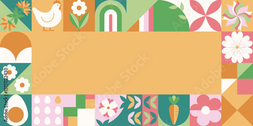 Wielkanocny baner z mozaiką z świątecznymi symbolami. Wiosenny geometryczny wzór z królikiem, jajkami i kwiatami.