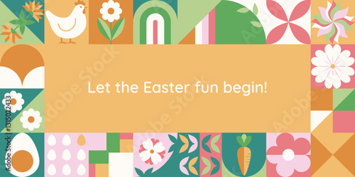Wielkanocny baner z mozaiką z świątecznymi symbolami. Wiosenny geometryczny wzór z królikiem, jajkami i kwiatami.