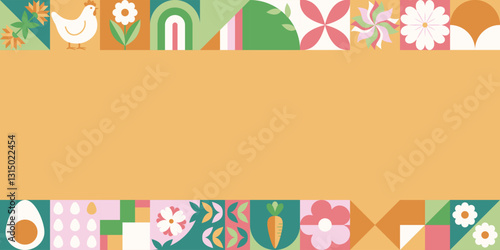 Wielkanocny baner z mozaiką z świątecznymi symbolami. Wiosenny geometryczny wzór z królikiem, jajkami i kwiatami.