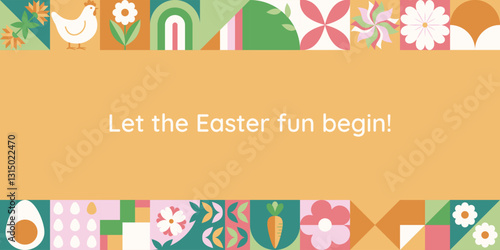 Wielkanocny baner z mozaiką z świątecznymi symbolami. Wiosenny geometryczny wzór z królikiem, jajkami i kwiatami.