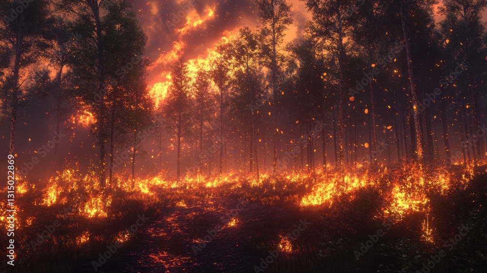 A dramatic forest on fire, with flames engulfing trees amidst a smoky atmosphere, illustrating the destructive power of wildfires. A dramatic forest on fire, with flames engulfing trees amidst a smoky atmosphere, illustrating the destructive power of wildfires.