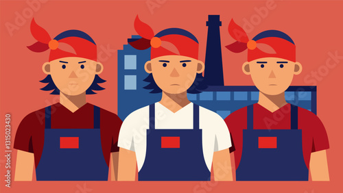 The workers with their hair pulled back in bandanas proudly sport their signature aprons with the factory logo.. Vector illustration