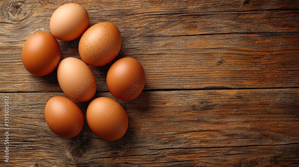 Fresh eggs arranged on rustic wooden surface Fresh eggs arranged on rustic wooden surface
