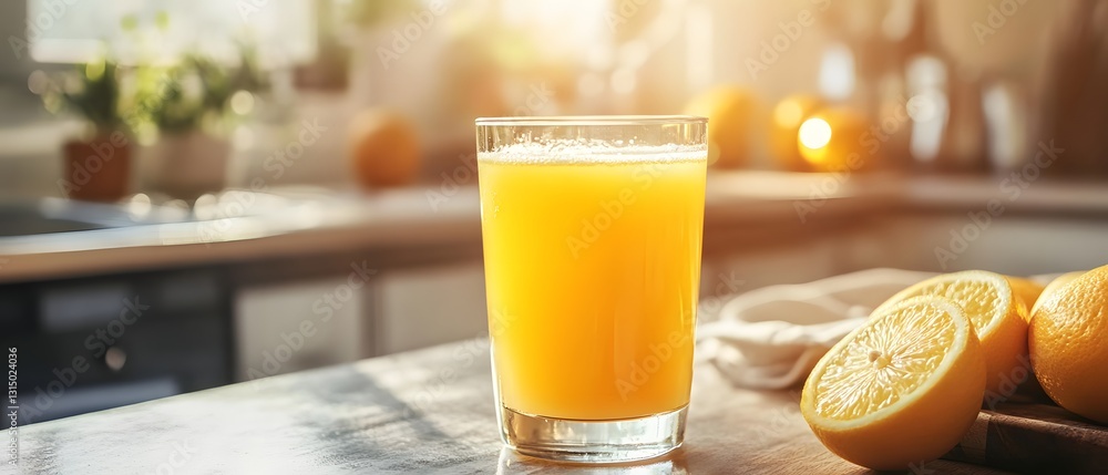 Fototapeta premium A refreshing glass of orange juice sits on a kitchen countertop, surrounded by fresh oranges, showcasing the vibrant color and inviting atmosphere of a bright morning.