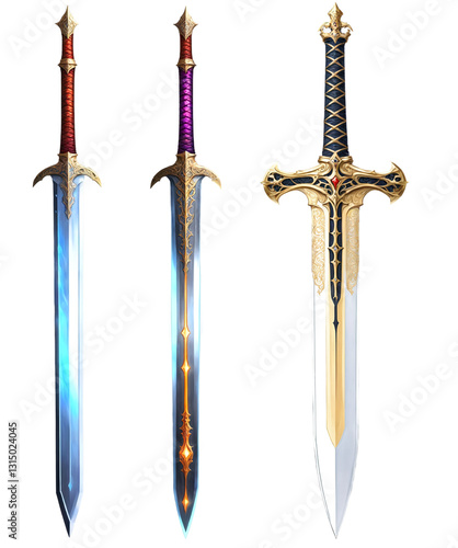 Three Exquisite Fantasy Swords: A Collection of Intricately Designed Blades on a transparent background