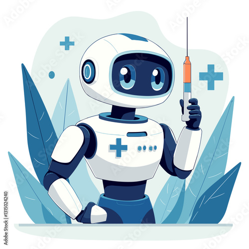 Robot medical worker with a syringe in blue and white colors in flat design, concept of AI in healthcare and medical automation