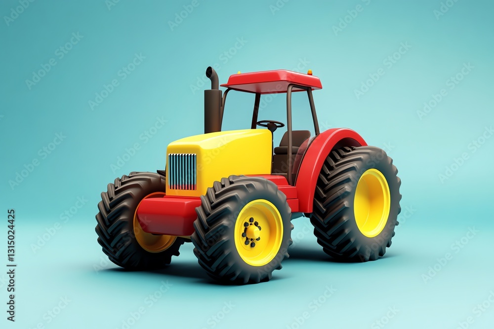 Obraz premium Red and Yellow Farm Tractor Toy on a Blue Background