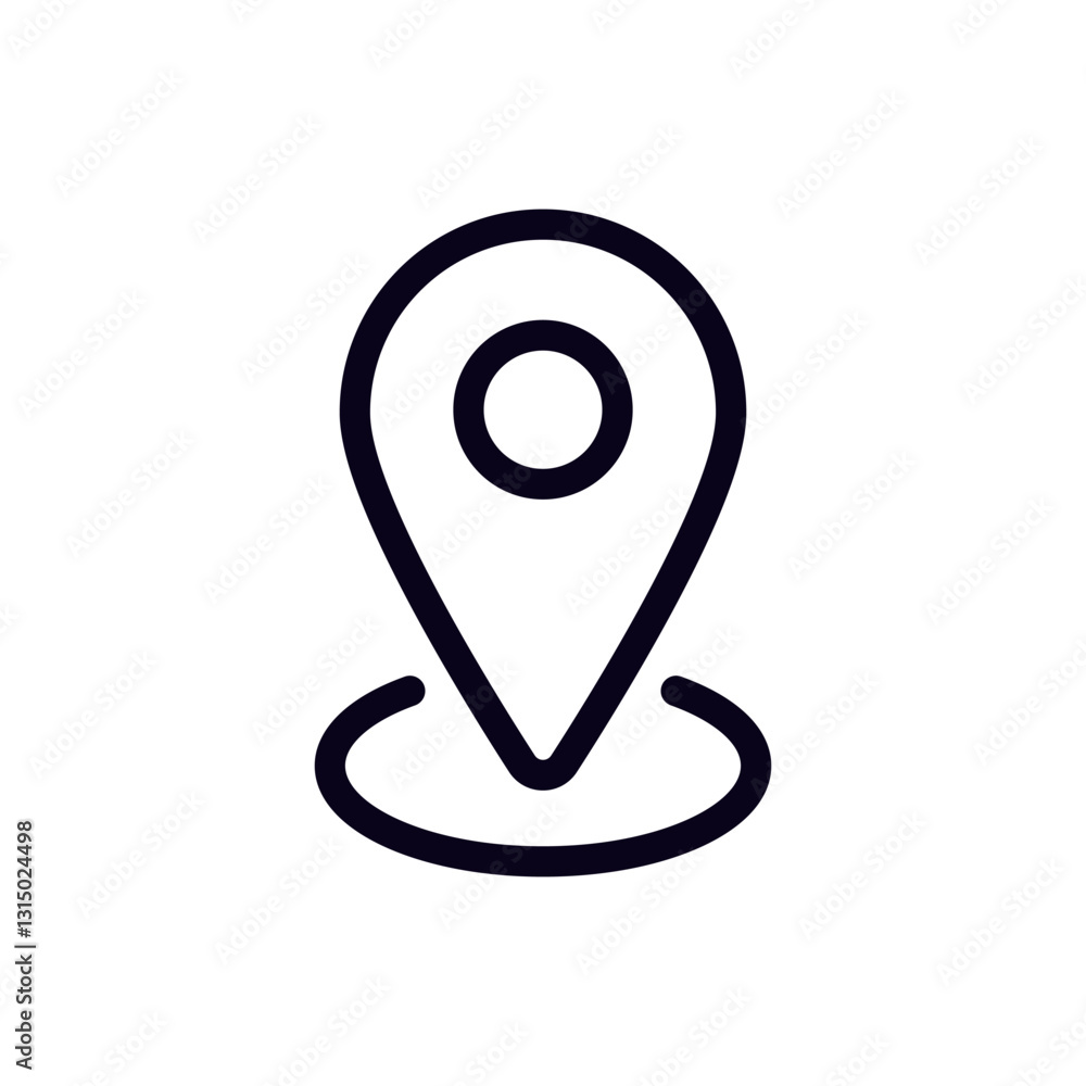 A minimalist black and white vector icon featuring a simple pin location marker with a circular base. A minimalist black and white vector icon featuring a simple pin location marker with a circular base.