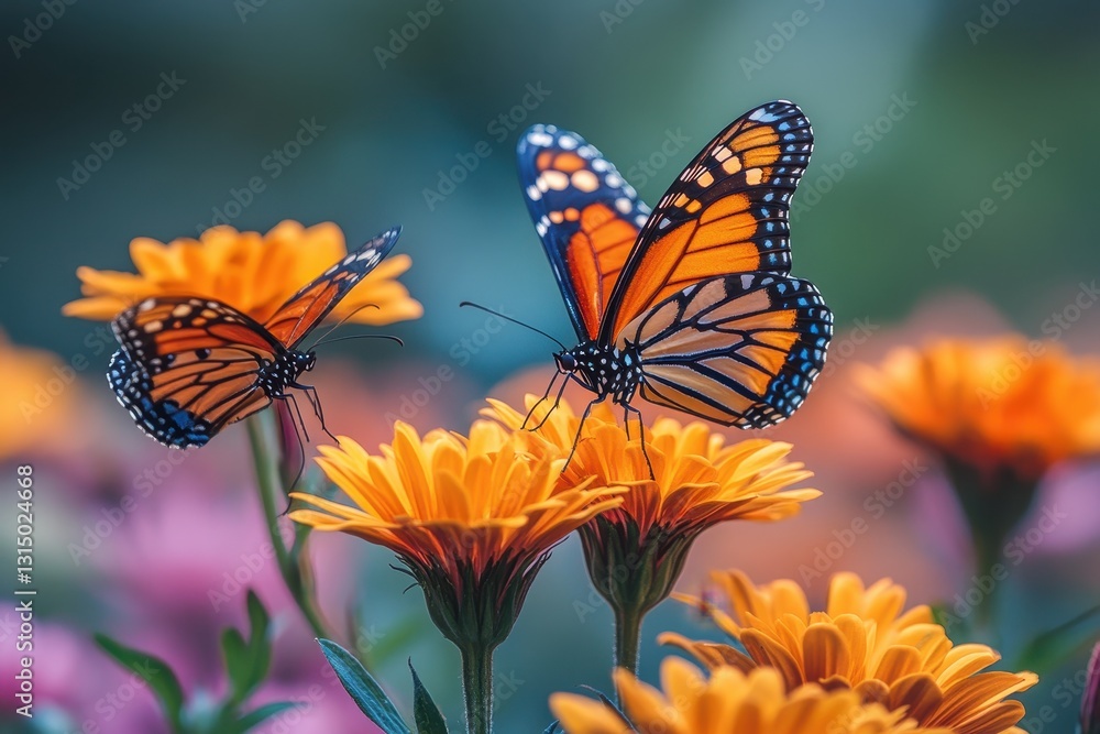 Monarch butterflies flutter around vibrant orange flowers in a garden during summer in full bloom Monarch butterflies flutter around vibrant orange flowers in a garden during summer in full bloom