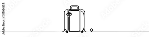 Minimalist illustration of rolling luggage created with one continuous line, representing travel, tourism, and journey
