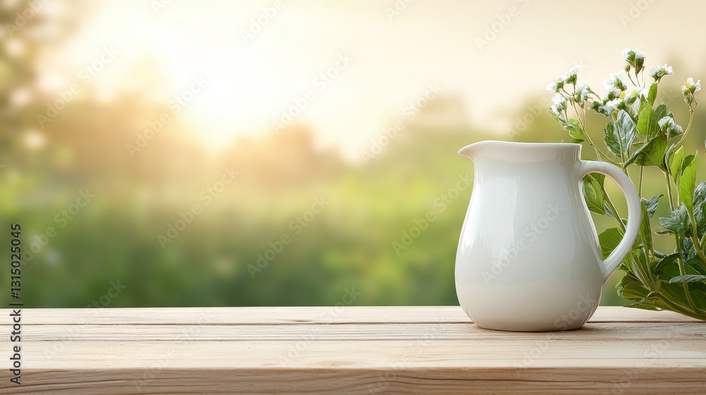 A serene scene featuring a white jug on a wooden table with greenery and sunlight in the background, evoking a peaceful outdoor atmosphere. A serene scene featuring a white jug on a wooden table with greenery and sunlight in the background, evoking a peaceful outdoor atmosphere.