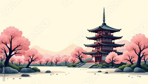 Tranquil Japanese Pagoda: A serene Japanese pagoda stands amidst a picturesque landscape of blooming cherry blossom trees, evoking a sense of peace and harmony in a vibrant and colorful setting.