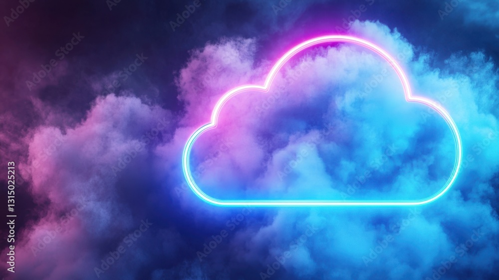 Obraz premium Glowing neon cloud computing symbol representing modern technology and data storage solutions in a dramatic cloudy sky background, abstract