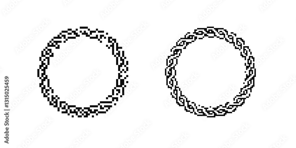 Obraz premium Two circular black pixel art wreaths created with simple geometric patterns shown side by side.