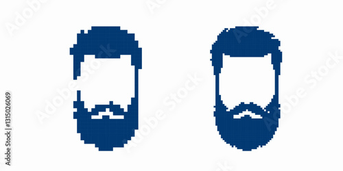 Pixelated silhouettes show various bearded men with different hair and beard designs.