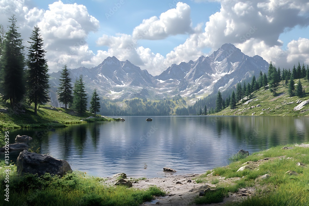 Serene mountain landscape with a calm lake and lush greenery under a cloudy sky. Serene mountain landscape with a calm lake and lush greenery under a cloudy sky.