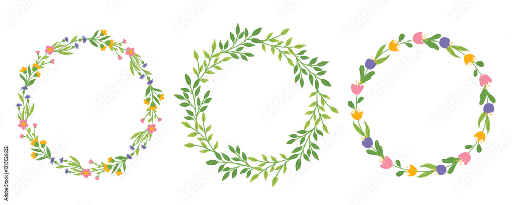 Set of spring wreaths with flowers and twigs Set of spring wreaths with flowers and twigs