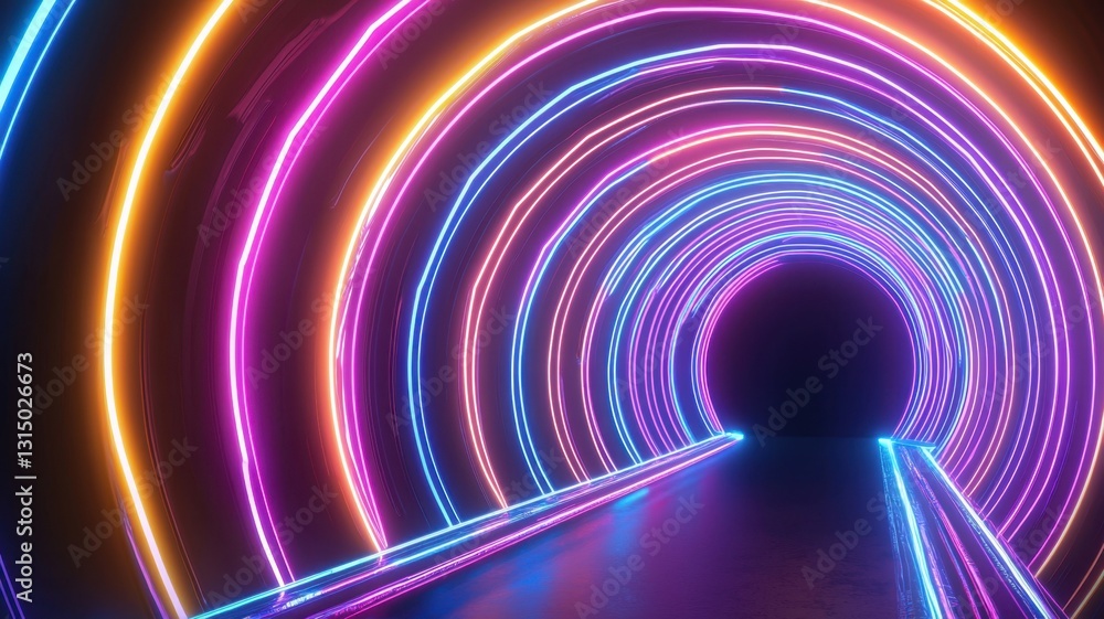 Luminous neon 3d rings creating immersive tunnel effect, pulsing with vivid pink, orange, blue hues converging toward shadowy center background, abstract Luminous neon 3d rings creating immersive tunnel effect, pulsing with vivid pink, orange, blue hues converging toward shadowy center background, abstract