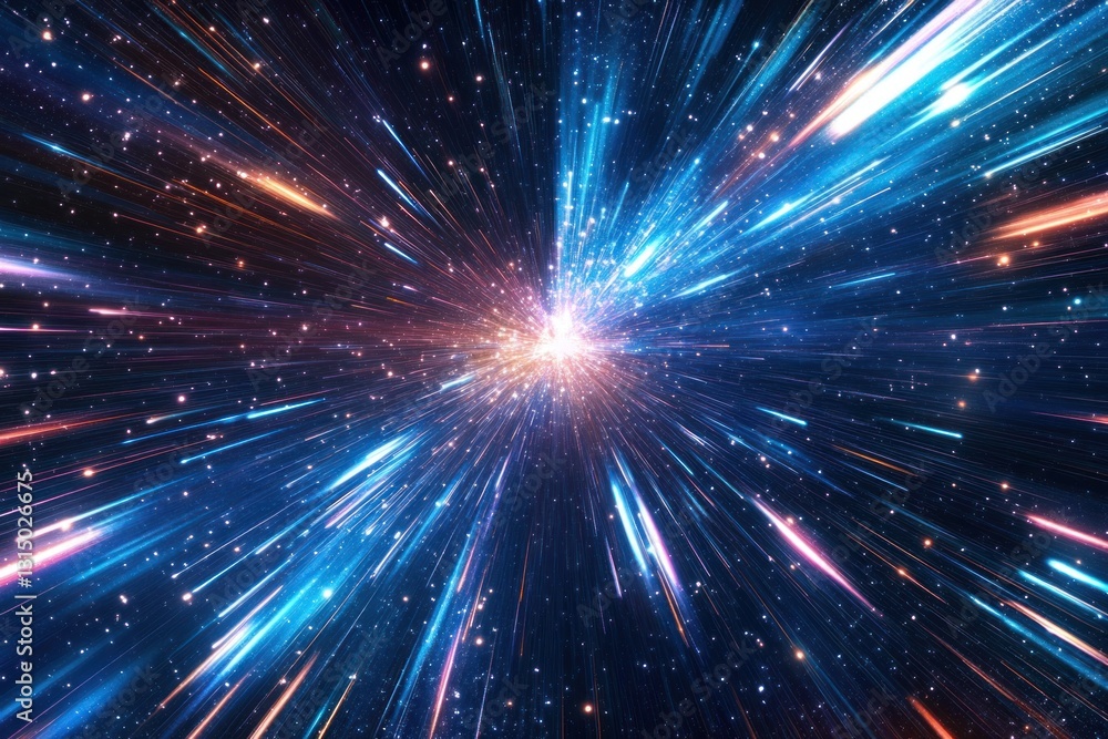 Bright light streaks radiate from central explosion in dark space. Bright light streaks radiate from central explosion in dark space.